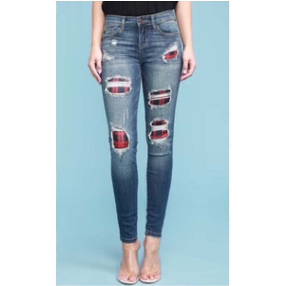 Judy Blue‎ Womens Size 5 Skinny Fit Distressed Buffalo Plaid Jeans Stretch Comfy